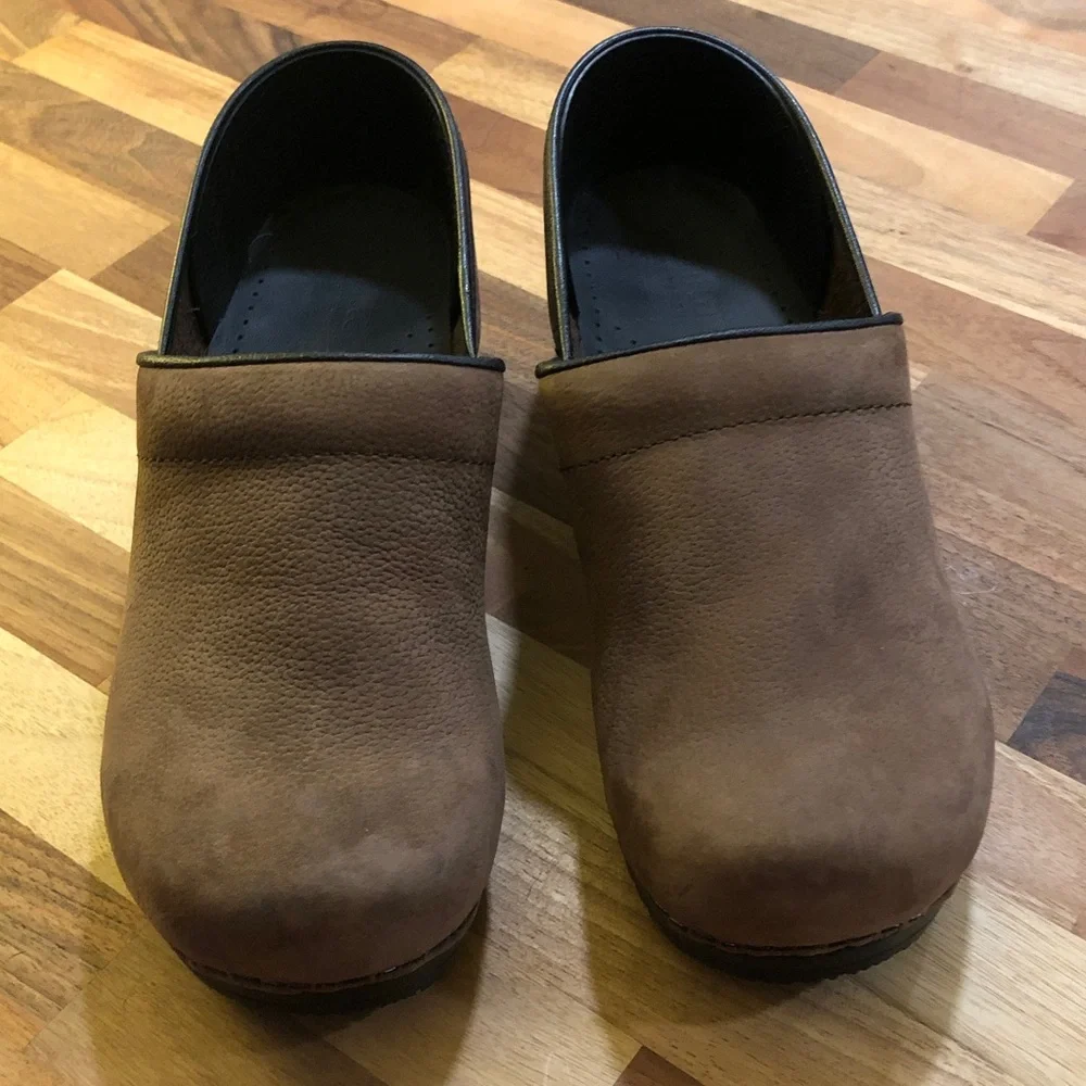 Sanita Brown Leather Slip-On Clogs - Picture 2 of 8